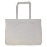 A large, cream-coloured reusable grocery bag with two handles and a plain design. It has a branding logo.