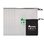 A set of five drawstring produce bags in white and one smaller black pouch, featuring a logo.