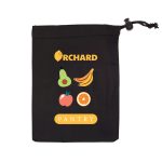 A drawstring bag in black, featuring colorful fruit graphics and the text "ORCHARD PANTRY."