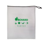 A drawstring pouch bag featuring a minimalist design with the text "Orchard Pantry" and illustrations of fruits.