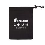 A black drawstring pouch containing harvest produce bags, featuring a logo and various fruit illustrations.