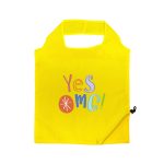 A bright yellow reusable shopping bag with a graphic design and a zippered pouch for storage.