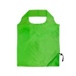 A green folding shopping bag with a handle and a drawstring closure, featuring a logo.
