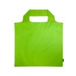 A bright green reusable grocery bag with a distinctive handle design and a logo.
