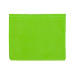 A bright green reusable grocery bag made from recycled PET material, featuring a simple design and a logo.