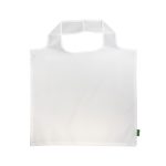 A reusable grocery bag made from recycled PET, featuring a simple white design and a handle for easy carrying.