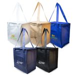 A collection of insulated cooler bags in white, gold, blue, navy, and black, featuring various logos.