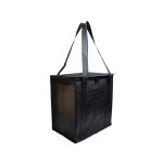 A black cooler bag with sturdy handles and a rectangular shape, designed for carrying and keeping items cold.