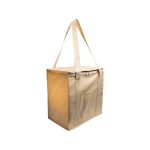 A tan cooler bag with a zippered top and two shoulder straps, featuring a front pocket and a logo.