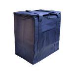 A navy cooler bag with dual handles and a zipper, featuring a front pocket and sturdy construction.