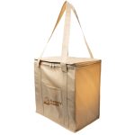 A tan cooler bag with a zip closure, featuring two straps and a logo. It has a clear side panel.