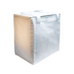 A white cooler bag with sturdy handles and a zippered top, featuring a side pocket and a clean design.