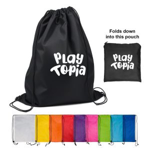 A black drawstring backpack with a logo, shown alongside a pouch for storage, with multiple color options below.