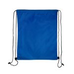 A bright blue drawstring backpack with black cords for closure and carrying.