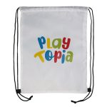 A drawstring backpack featuring the colorful text "Play Topia" prominently displayed on a white background.