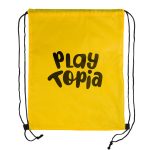 A yellow drawstring backpack featuring the text "PLAY TOPIA" in bold, black lettering.