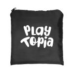 A black drawstring backpack features the text "PLAY TOPIA" in bold, playful white lettering.