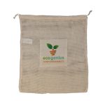 A reusable mesh produce bag in natural color, featuring a logo and a sustainability-themed design.