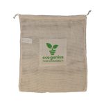 A reusable mesh produce bag featuring a natural color with a green eco genius logo that reads "THINK SUSTAINABILITY."