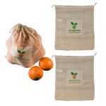 A reusable mesh produce bag in natural color, containing oranges, with logos on the bag. Two additional bags are displayed.