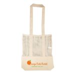A cream tote bag with mesh sides and a logo at the bottom featuring an orange graphic.