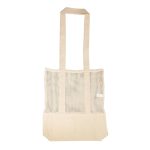 A beige tote bag with mesh panels and two long handles. It features a branding logo.