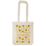 A tote bag featuring a playful lemon design and the text "Love Lemon Tea" in a vibrant yellow color scheme.