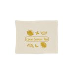 A beige tote bag with a graphic design featuring lemons and the text "Love Lemon Tea" in yellow.