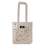 A beige reusable grocery bag featuring various underwater creatures and a logo.