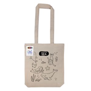 A beige reusable grocery bag featuring various underwater creatures and a logo.