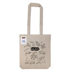A beige reusable grocery bag featuring space-themed illustrations and a logo.