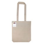 A beige reusable grocery bag with long handles and a logo on one side. Crayons are included in the product.