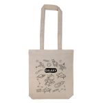 A beige reusable grocery bag featuring a galaxy-themed design with spaceships and stars, and a logo on it.