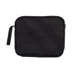 A black utility pouch featuring a zippered closure and a side handle.
