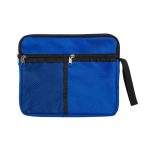 A blue utility pouch with a mesh front pocket, zip closures, and a handle. Features a branding logo.