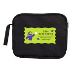 A black utility pouch featuring a colorful logo with green and purple accents, including a zipper and a handle.