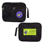 A black utility pouch featuring two pockets and logos in bright colors, one with a green and purple design.