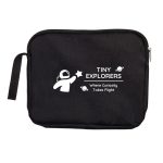 A black utility pouch with a white logo featuring an astronaut and text, designed for organized storage.
