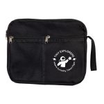 A black utility pouch with a mesh pocket and a logo. It features a zipper closure and a handle.