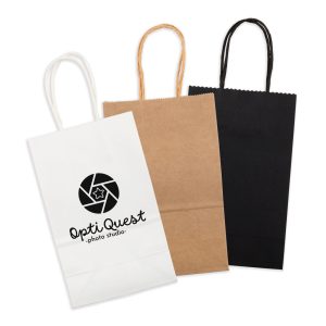 A set of three small paper bags in white, brown, and black, each featuring a handle and a logo.
