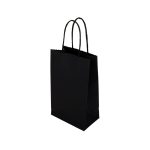 A small black paper bag with two handles and a scalloped top edge. Features a logo.