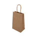 A small brown paper bag with a sturdy handle and a plain design. It has a branded logo.