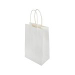 A small white paper bag with twisted handles and a plain design, featuring a branding logo.