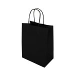 A medium black paper bag with two black handles and a simple, unadorned design.