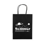 A medium black paper bag featuring a beach scene design and a logo. It has two sturdy handles.