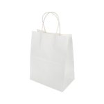 A medium-sized white paper bag with rope handles and a plain design.