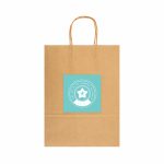A large brown paper bag with a light blue logo in the centre and handles.