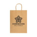 A large brown paper bag with a logo and a patterned design featuring a flower-like shape.