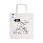 A white cotton tote bag featuring a colouring design of an Easter bunny with decorated eggs, and a branding logo.