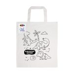 A natural cotton tote bag featuring dinosaur illustrations and a logo, accompanied by colouring crayons.